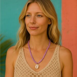 Lavender purple bead and gold plated clasp and beach shell necklace